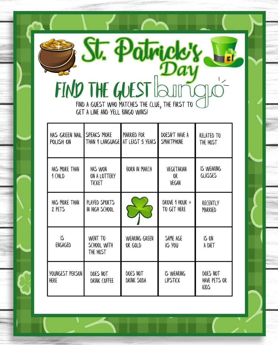 Saint Patricks Day Game, Find The Guest Bingo, St Patricks Day Party A