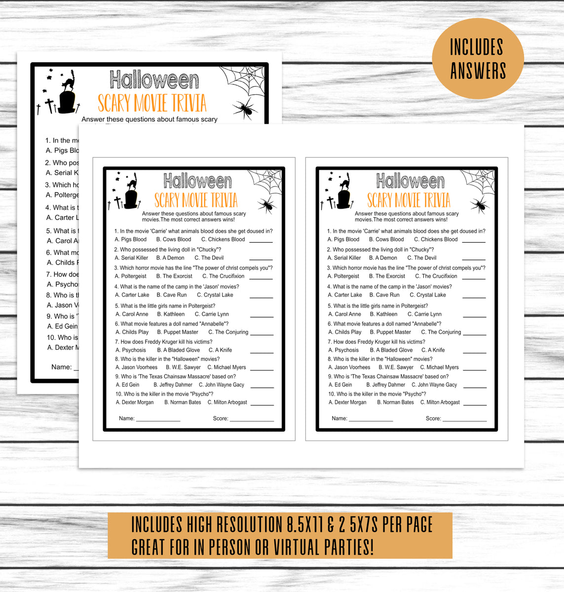 Halloween Scary Movie Trivia Quiz,Costume Party Game, Printable Or Vir ...