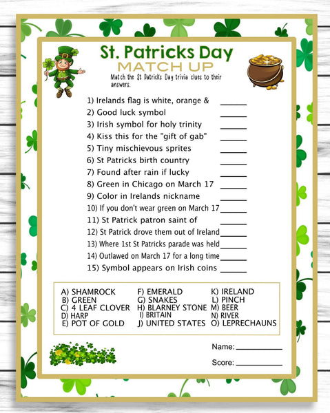 Saint Patricks Day Matching Trivia Game St Patricks Day Party Game Q Enjoymyprintables