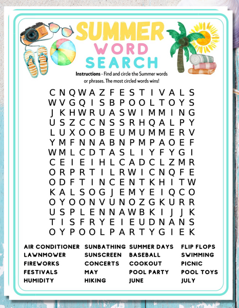 Summer Word Search Printable Game Party Kids Adults Activity Seniors C ...