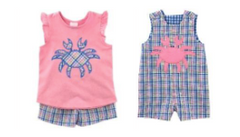 pink and blue plaid matching outfits with crabs
