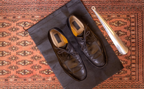 Mens dress shoes sitting on rug with shoe horn