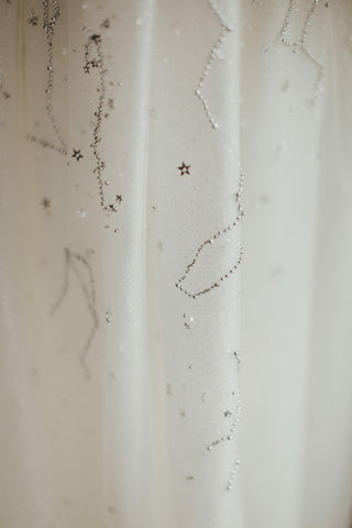 close up of wedding dress with galaxy star pattern fabrics