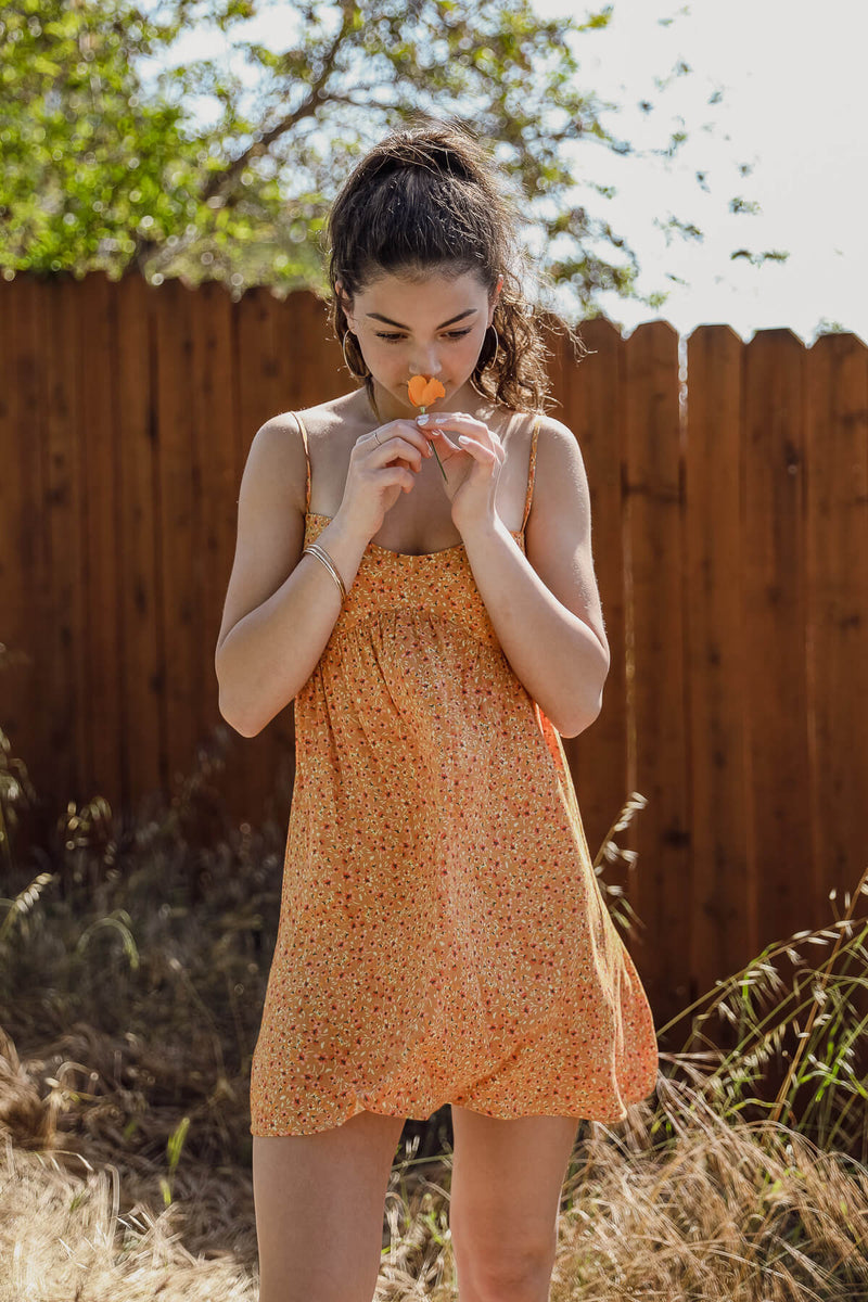 yellow floral mini dress