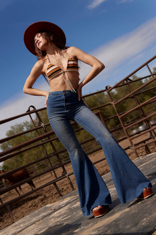 Women's blue flare high waisted pants Free People Float on Flare Coachella Jeans Coachella Outfits What to wear to Coachella Festival Outfits for Women