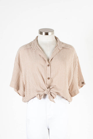 Women's brown stripped button up tshirt | Kariella