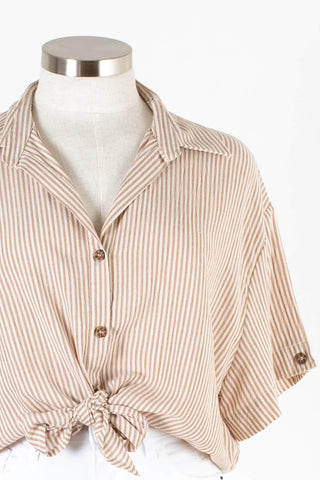 Women's brown striped front tie button up t-shirt | Kariella