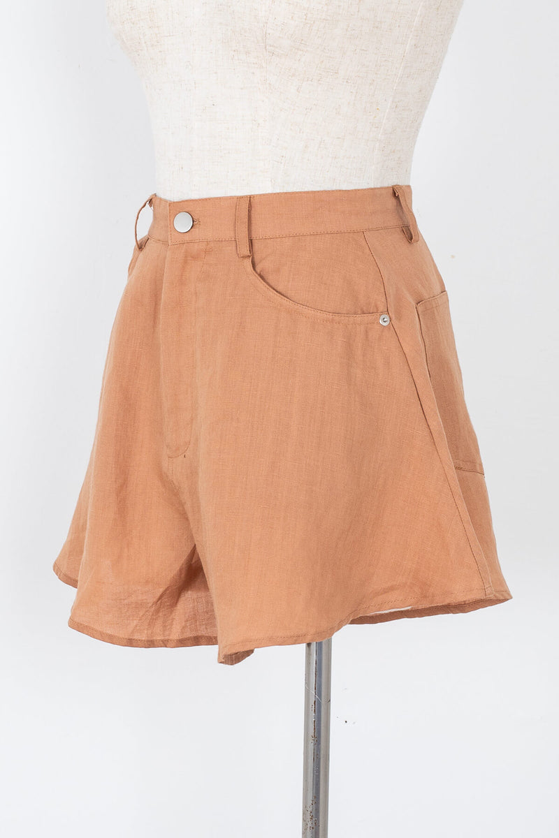 Women's high rise light brown linen shorts | Kariella