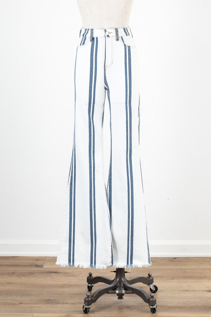 Women's white and blue striped flare jeans | Kariella.com