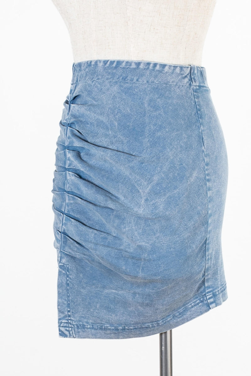Light blue ruched asymmetrical mini skirt | Kariella