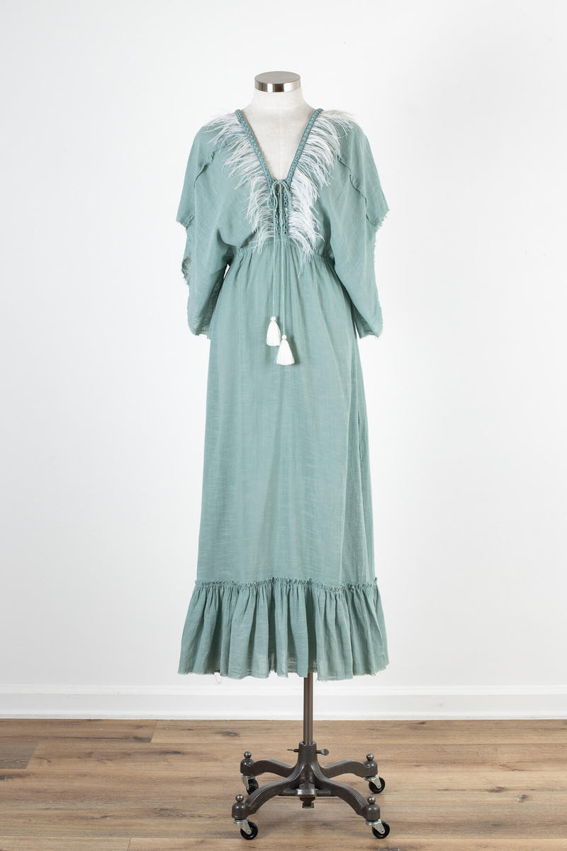 Women's turquoise boho chic feathered maxi dress | Kariella