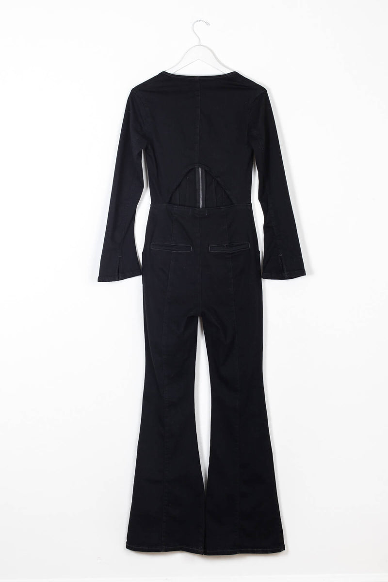 Long sleeve black denim jumpsuit