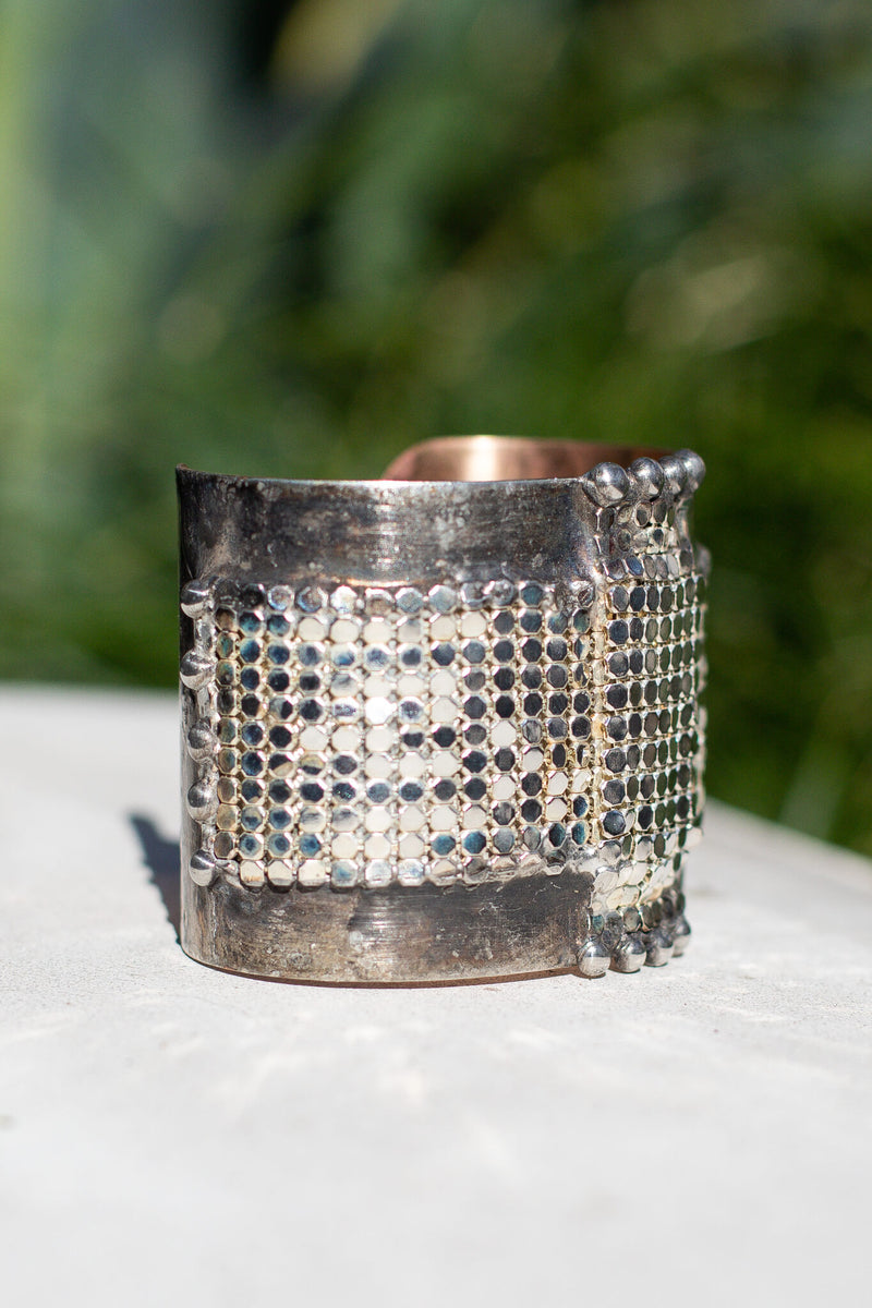 mikal winn silver mesh cross cuff