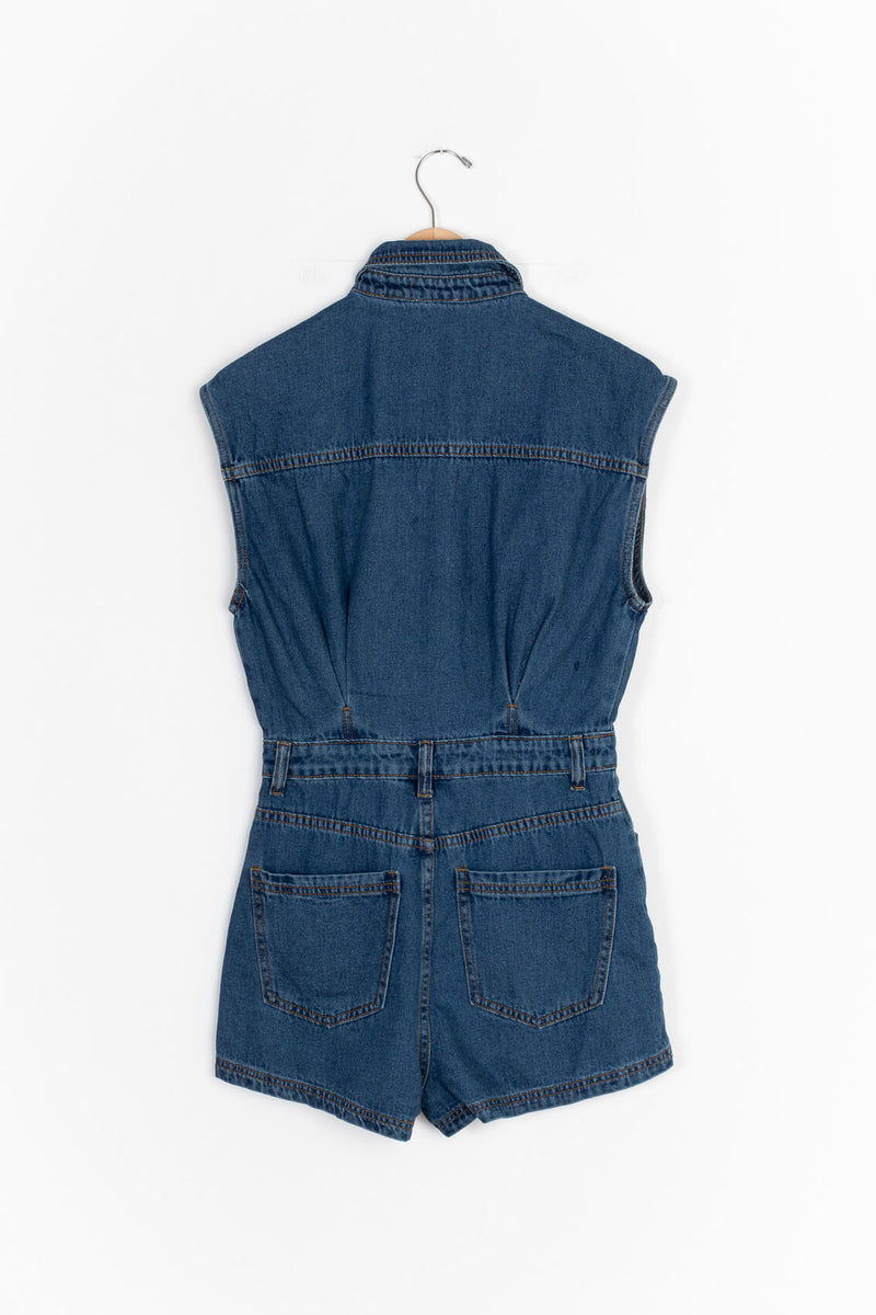 Collared dark wash denim romper