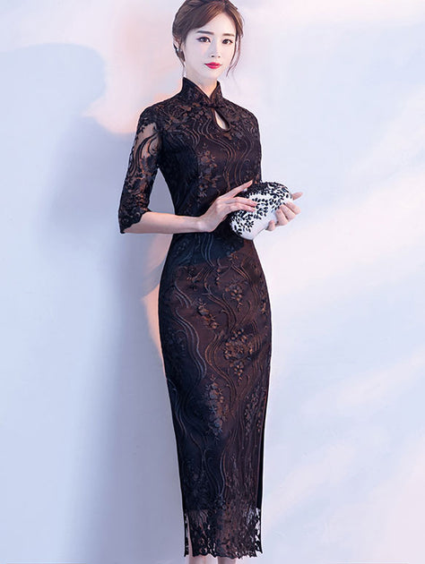 Black Red Floral Lace Overlay Qipao / Cheongsam Evening Dress – imallure