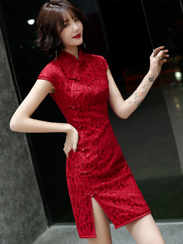 Red White Lace Short Qipao / Cheongsam Party Dress - IMALLURE – imallure