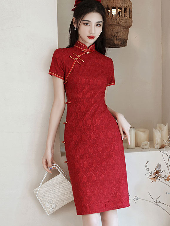 Beige Red Lace Modern Qi Pao Cheongsam Dress - imallure