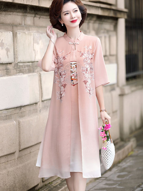 Pink Black Mother's Chiffon Cheongsam Qi Pao Dress - IMALLURE – imallure
