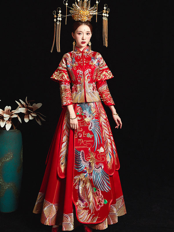 Red Gorgeous Embroidered Phoenix Chinese Wedding Bridal Qun Gua – imallure