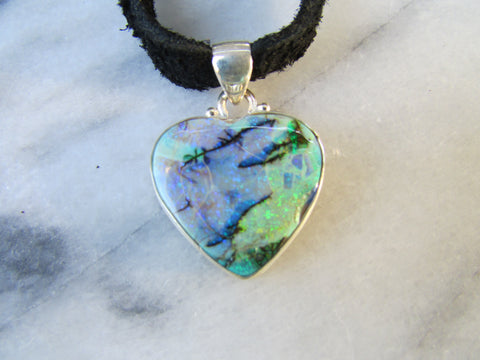 opal heart pendant set in sterling silver leather necklace