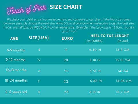 Touch of Pink and Zoo Borns Collection Size Chart