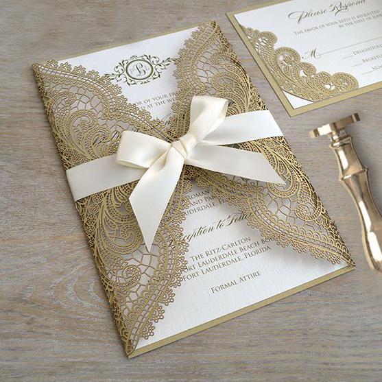 Rose Gold Glittery Wedding Invite with Floral Insert and Burgundy Ribb –  Charm Invites