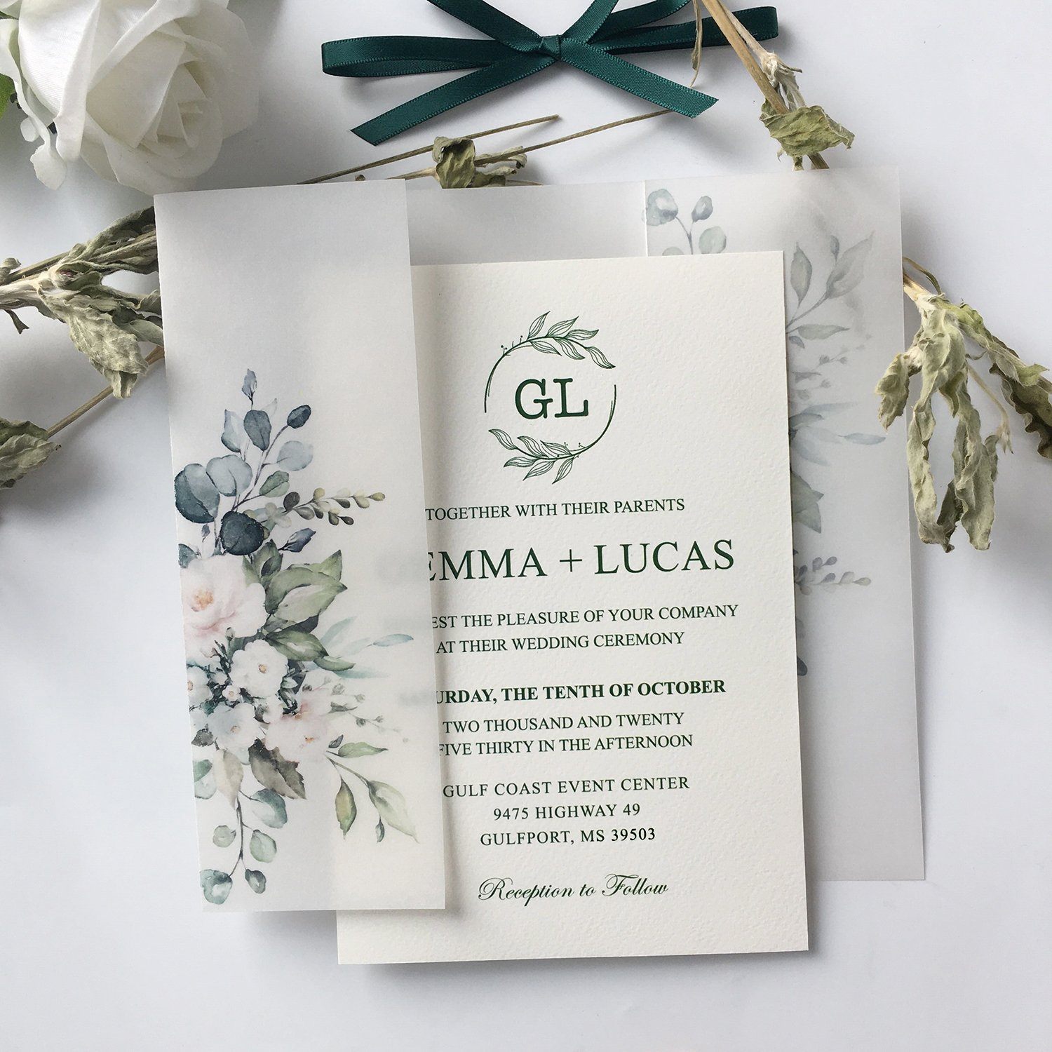 Klassische moderne botanische Einladungen für die Hochzeit Grüne und P