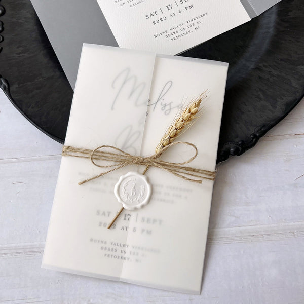 Customized Vellum Wedding Invitations with Wheat and Seals, Vellum Jacket,  5 x 7 inches