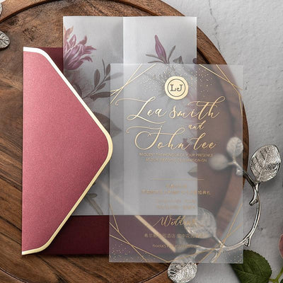 FROSTED Lucite Acrylic Wedding Invitations, Calligraphy Foil Gold Printing  Transparent Invites With Burgundy Envelopes, Picky Bride