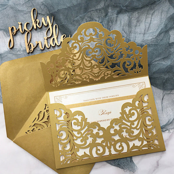 Gold Pocket Wedding Invitations Suite Elegant Laser Cut Invitation Wed