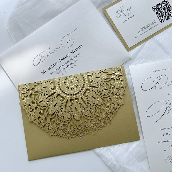Thick Paper Wedding Invitation, Letterpress Printing Card, Gold Gilt  Bismillah, Rsvp Card With QR Code, Trifold and Envelope With Pocket 