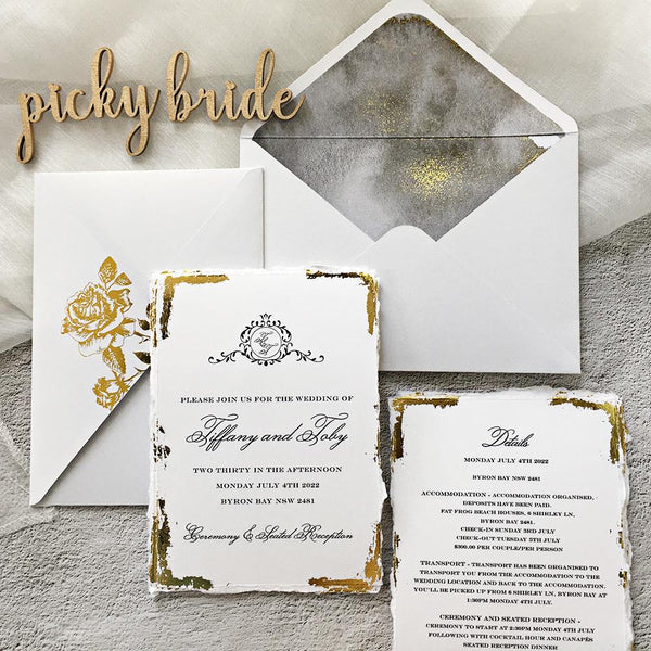 Calligraphy Invites Vellum Paper Wrap with Foil Printing and Gold Twin