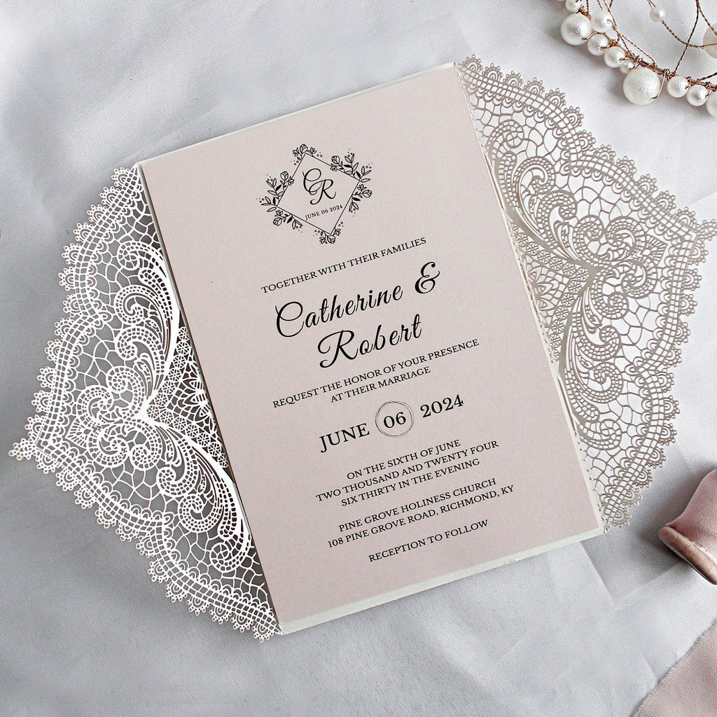 Laser Cut Lace Wedding Invitations with RSVP Cards, Elegant Wedding