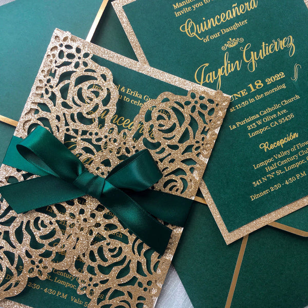 Luxury Gold Glitter Rose and Green Wedding Invitation with Gold Foil P