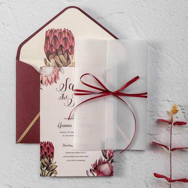 Picky Bride Burgundy Wedding Invitations Floral Invitation Cards with Vellum  Paper Wrap