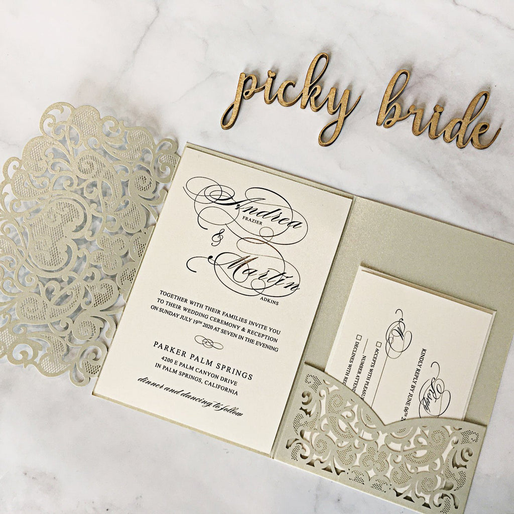 Picky Bride Gray Wedding Invitations Pocket Wedding Invite Cards With Rsvp And Envelopes Silver Wedding Theme Picky Bride