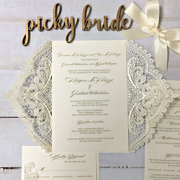 Golden Wedding Invitations Cards with RSVP Cards, Elegant Lace Invitat