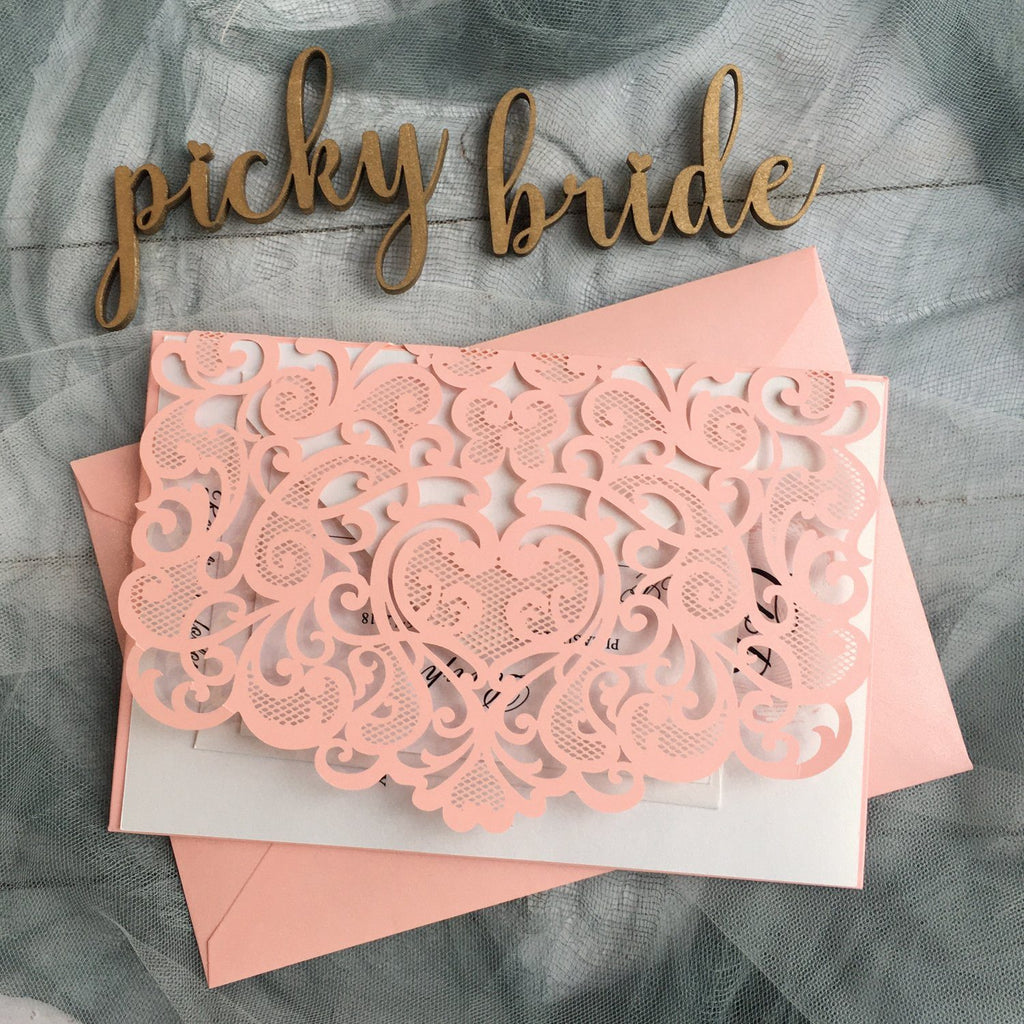 Pink Laser Cut Wedding Invitation suit, Unique Wedding Invitation Card