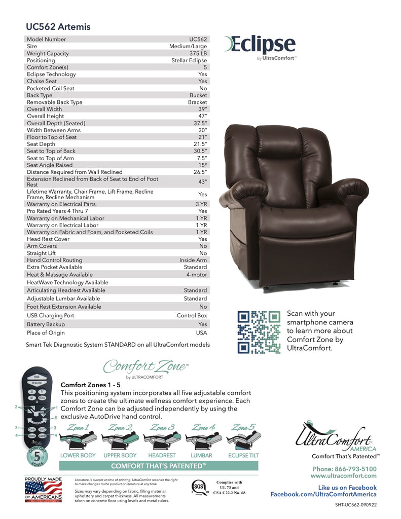 Artemis UC562 Lift Chair Recliner Spec Sheet