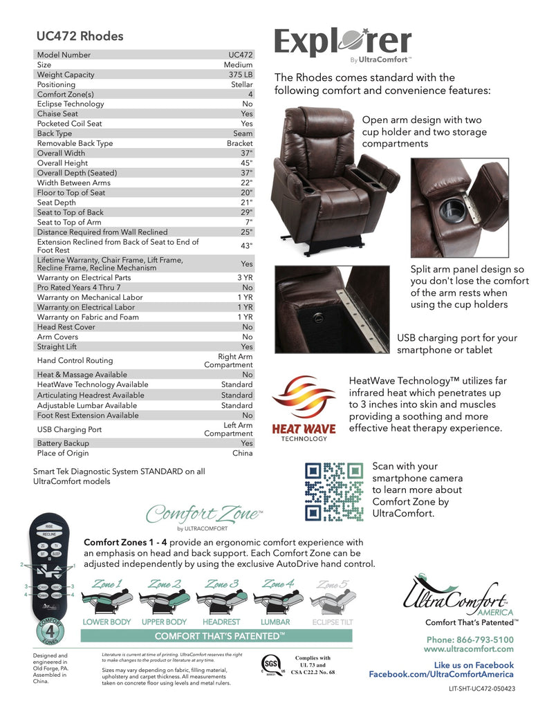 Rhodes Lift Chair Recliner Spec Sheet