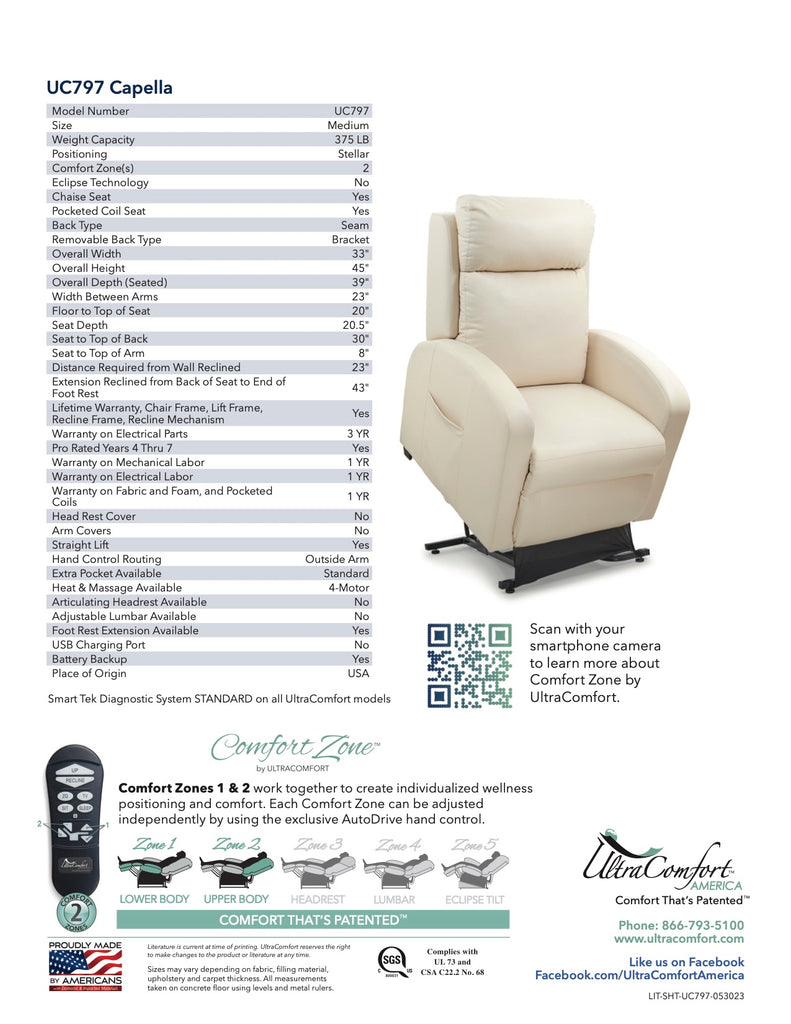 Capella Lift Chair Recliner Spec Sheet Details