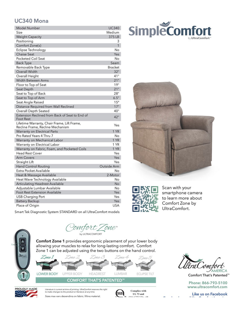 UC340 Mona Lift Chair Recliner Spec Sheet