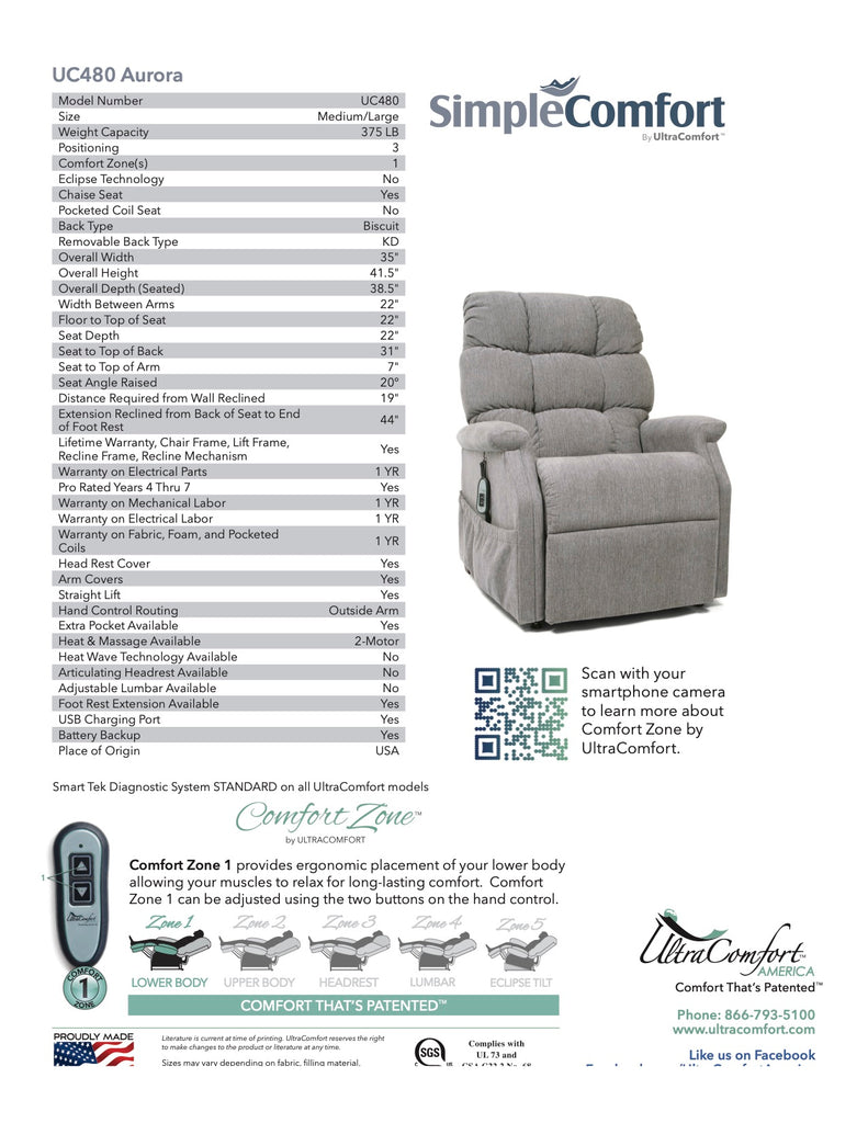 Aurora Lift Chair Recliner by UltraComfort Spec Sheet Details