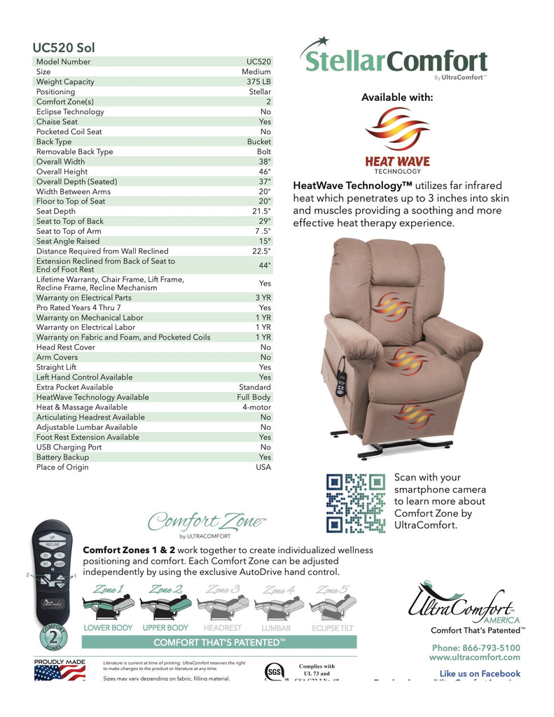 Sol UltraComfort Lift Chair Recliner with Heat Wave Technology Spec Sheet