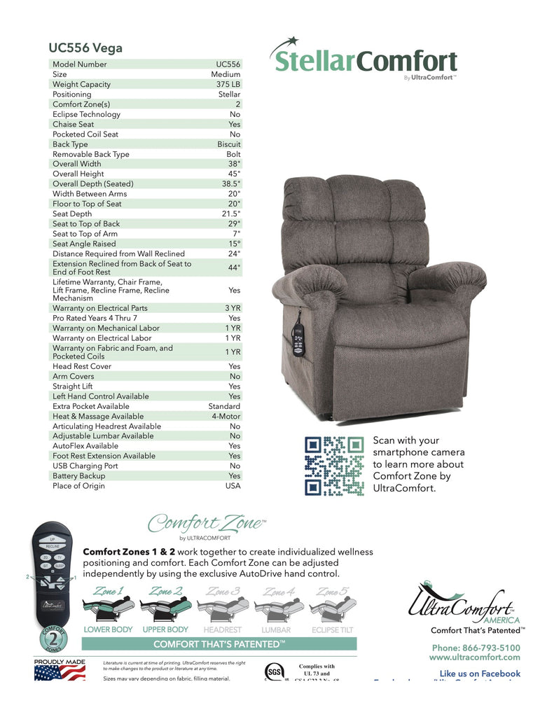 Vega UltraComfort Lift Chair Recliner Spec Sheet Details