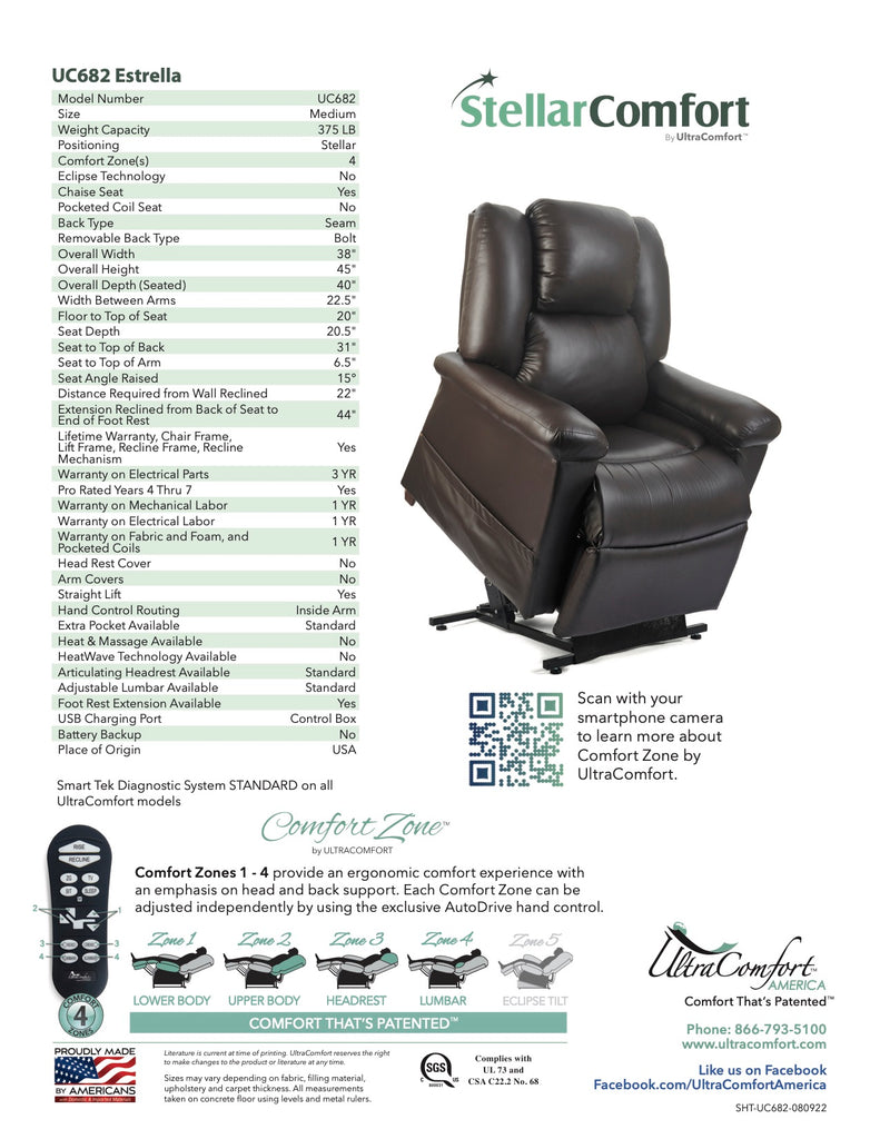 UC682 Estrella Lift Chair Recliner Spec Sheet