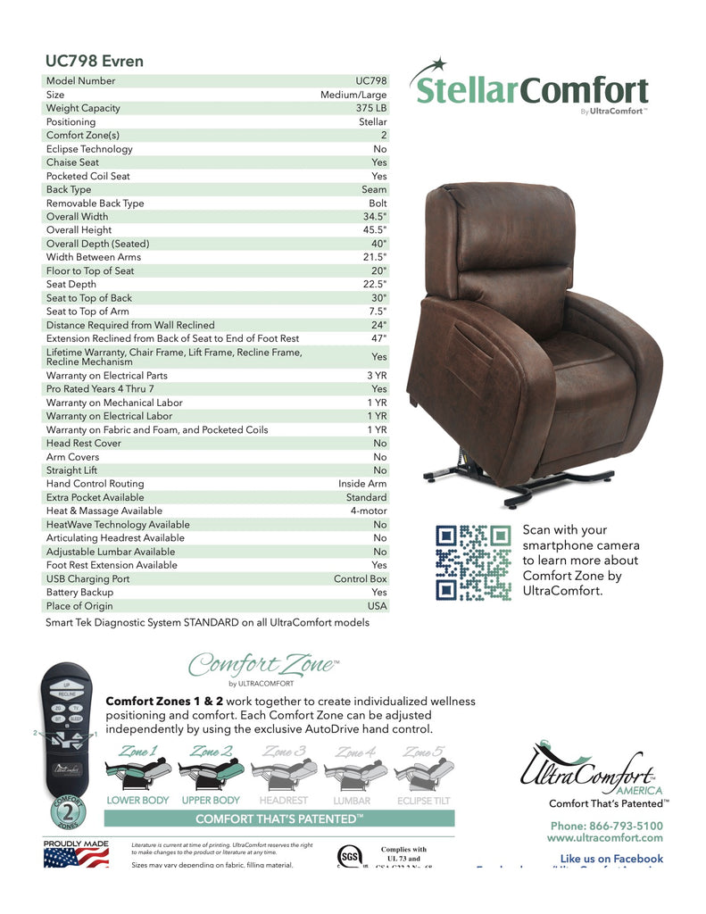 Evren UltraComfort Lift Chair Recliner Spec Sheet