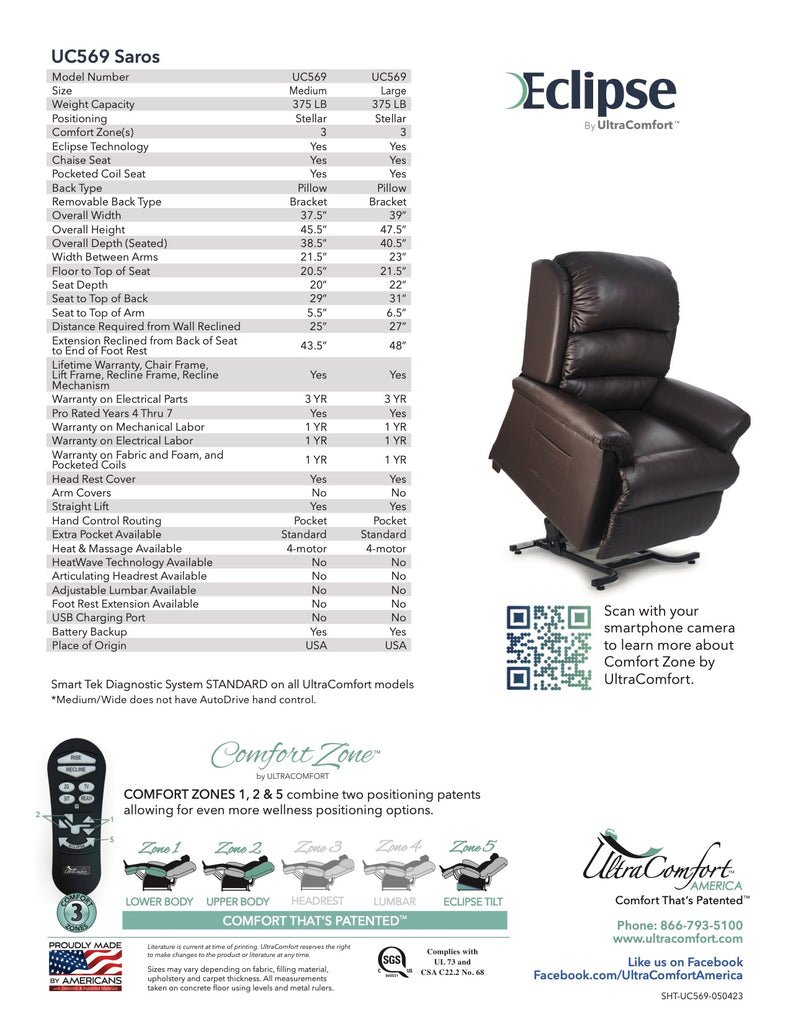 UC569 Saros Lift Chair Recliner Spec Sheet