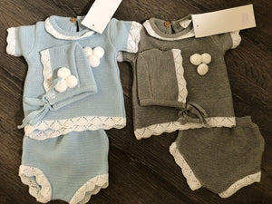 Baby Boy's & Girl's 3 Piece Portuguese Knitted Outfit Pale Blue or Grey -2259