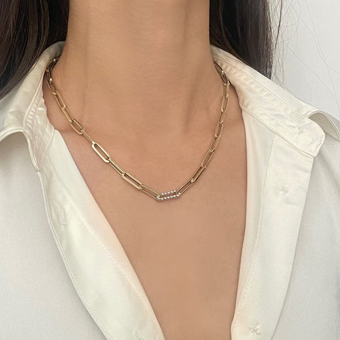 14K GOLD DIAMOND PAPERCLIP NECKLACE